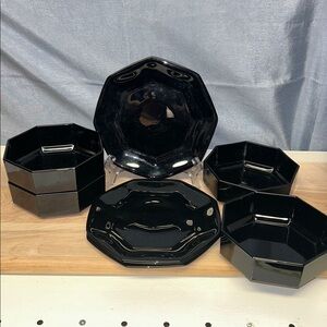Vintage Arcoroc France Octime Bowl and plates black glass octagonal